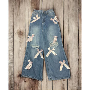 Y2K Bow Washed Distressed Jeans Size 9Y Wide Leg